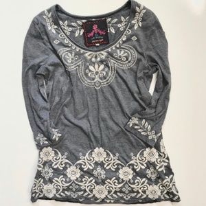 Johnny Was Gray Cream Embroidered  Tunic Top Small